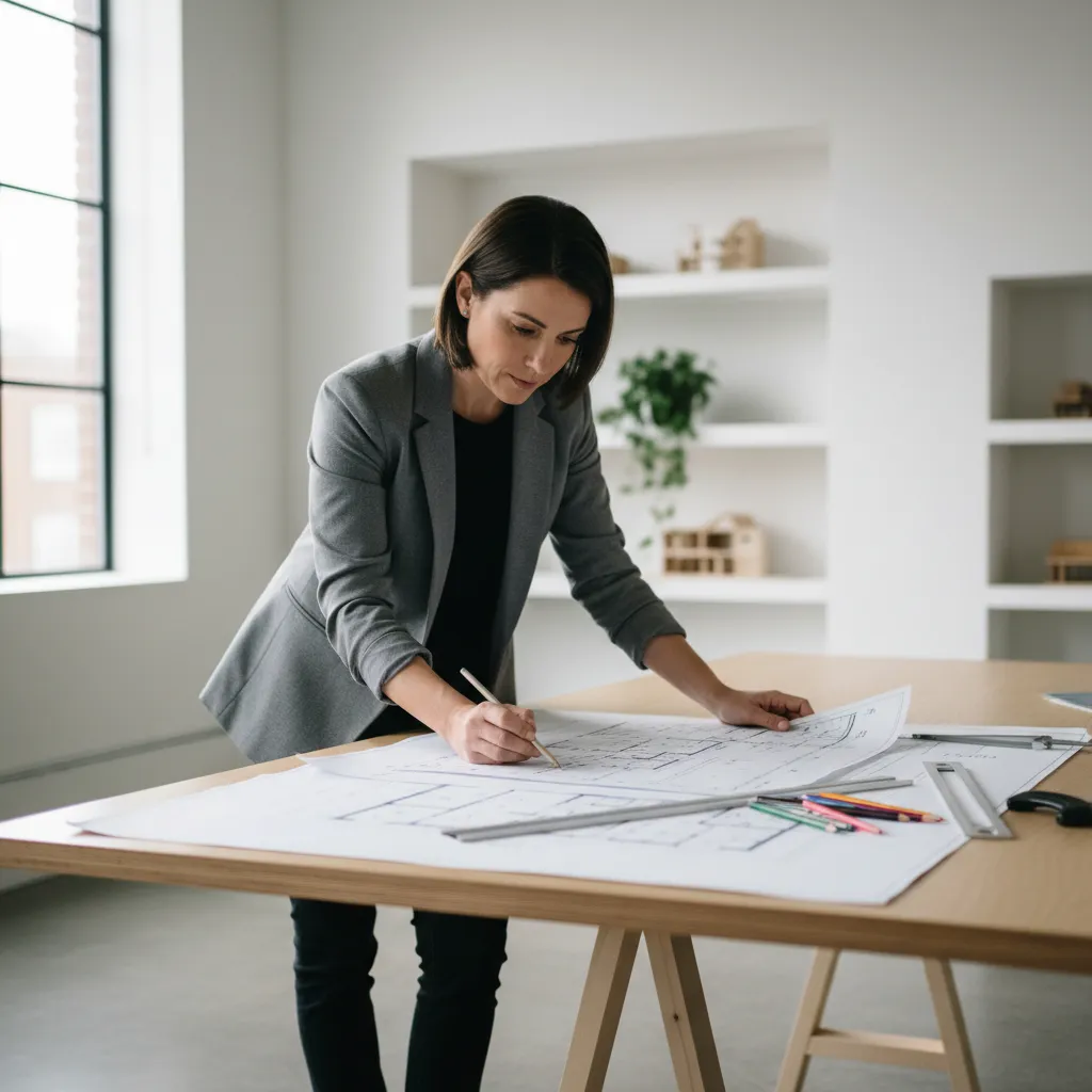 Persona analizando planos de distribución de una casa en una mesa de trabajo