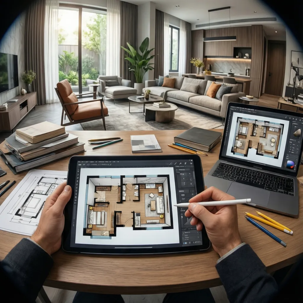 Diseñador revisando diferentes distribuciones de muebles en un plano digital