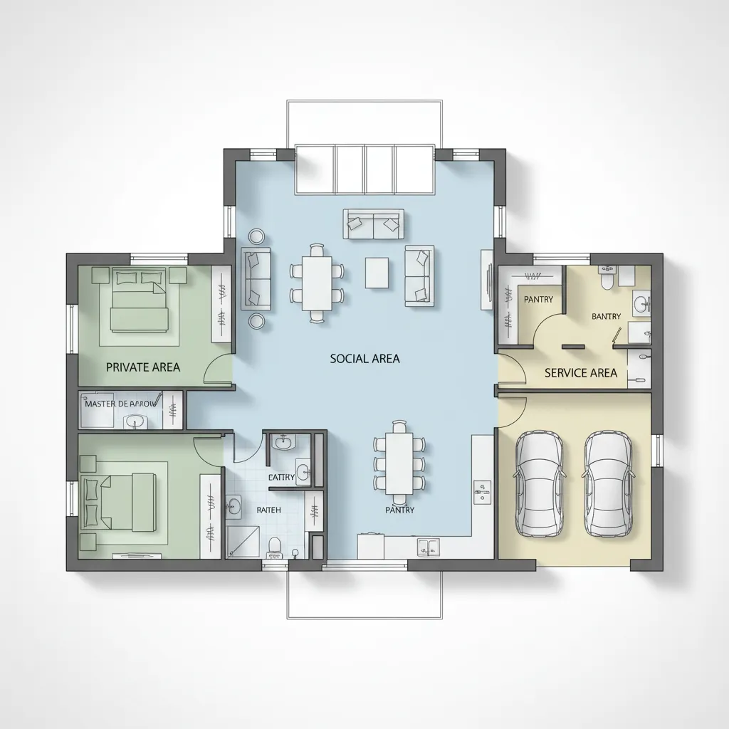 Top down room layout showing social and private areas with dining table sofa and garage