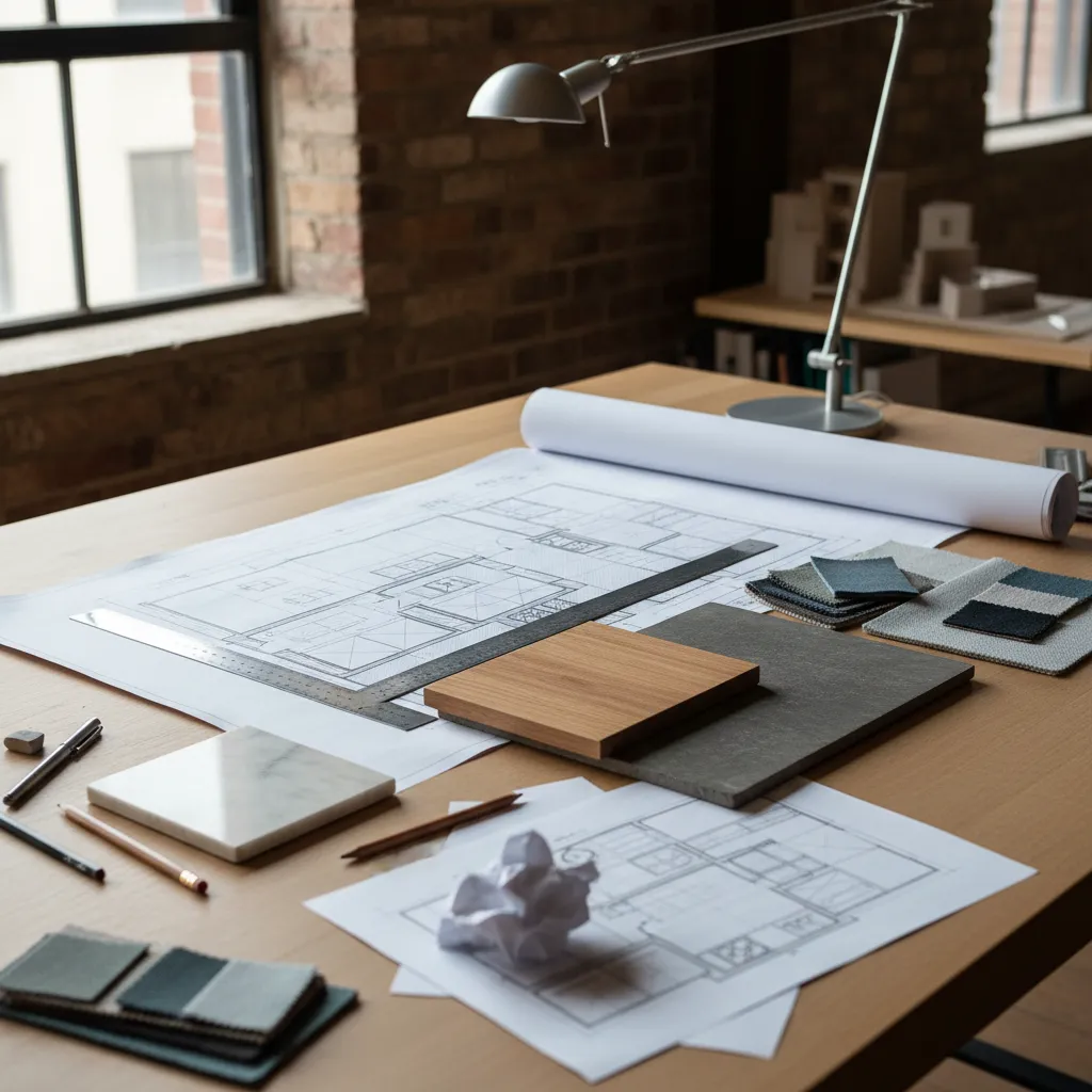 Wooden desk with house floor plan drawings, material samples, fabric swatches, ruler, and a lamp