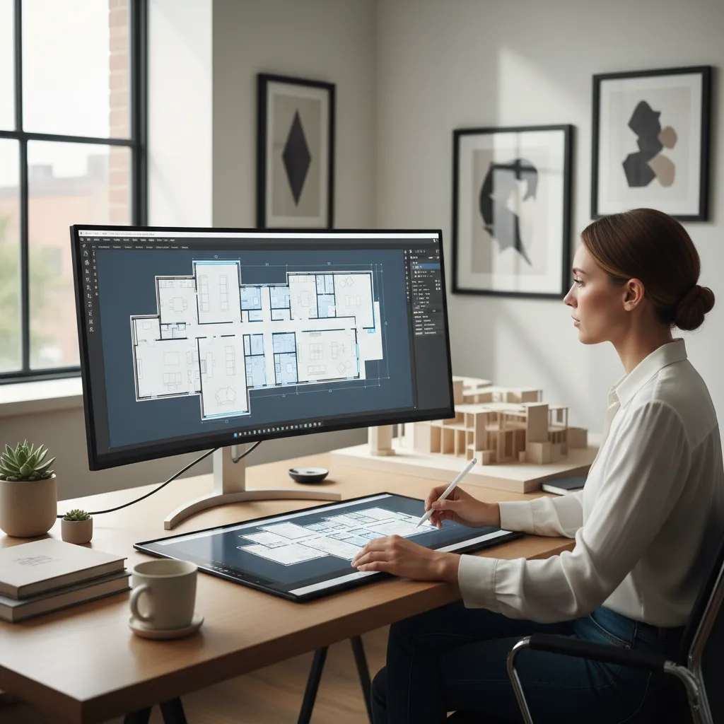 Diseñador trabajando en un plano digital de distribución de vivienda