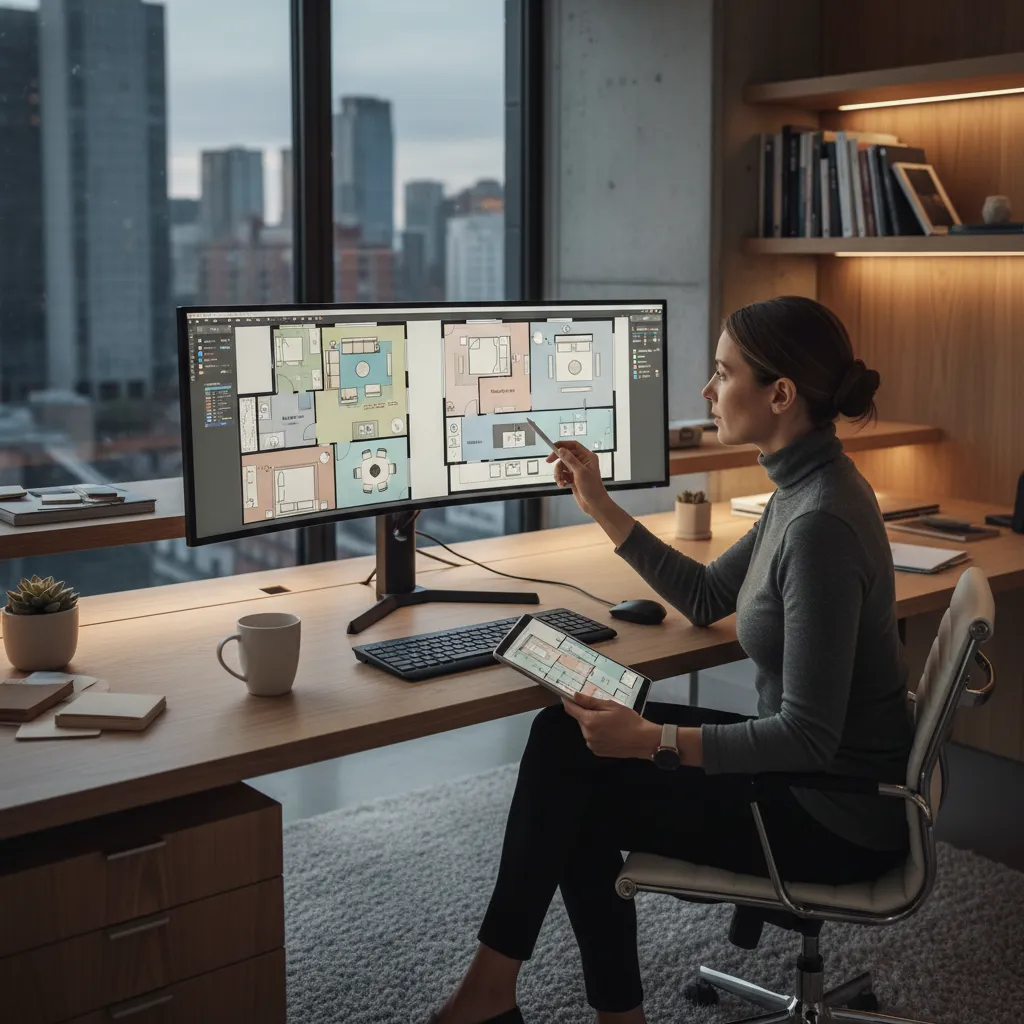 Diseñador trabajando con plano digital de una vivienda