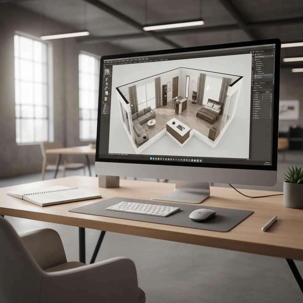 Computer screen displaying a 3D interior design drawing of a studio apartment on wooden desk