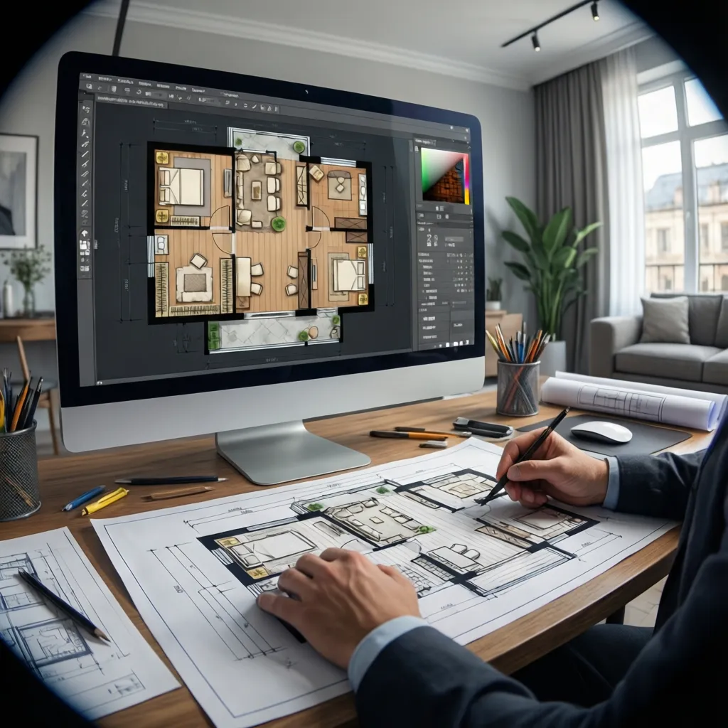Diseñador creando distribución de muebles en plano digital