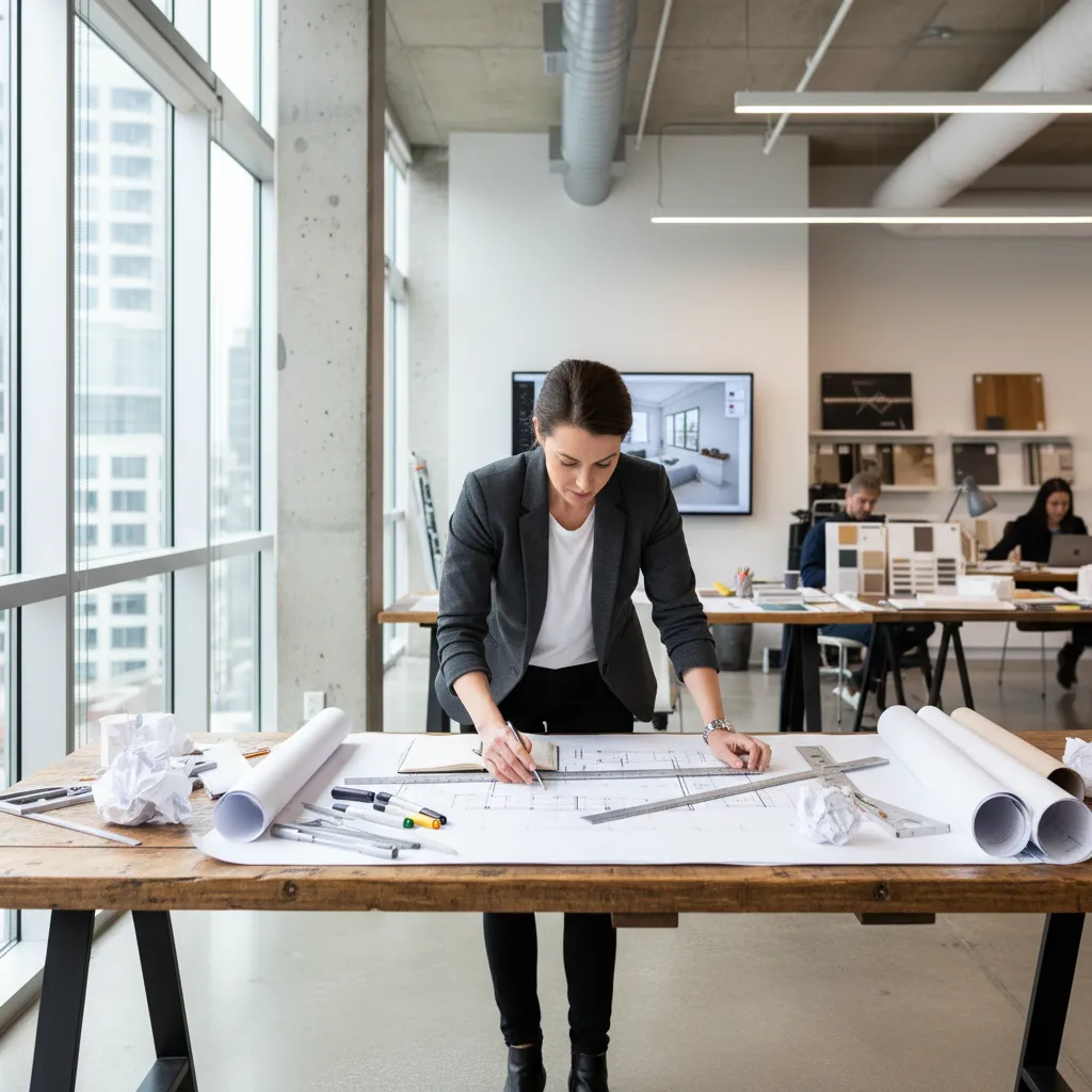 Female designer working on large floor plan layout on wooden table in bright modern office