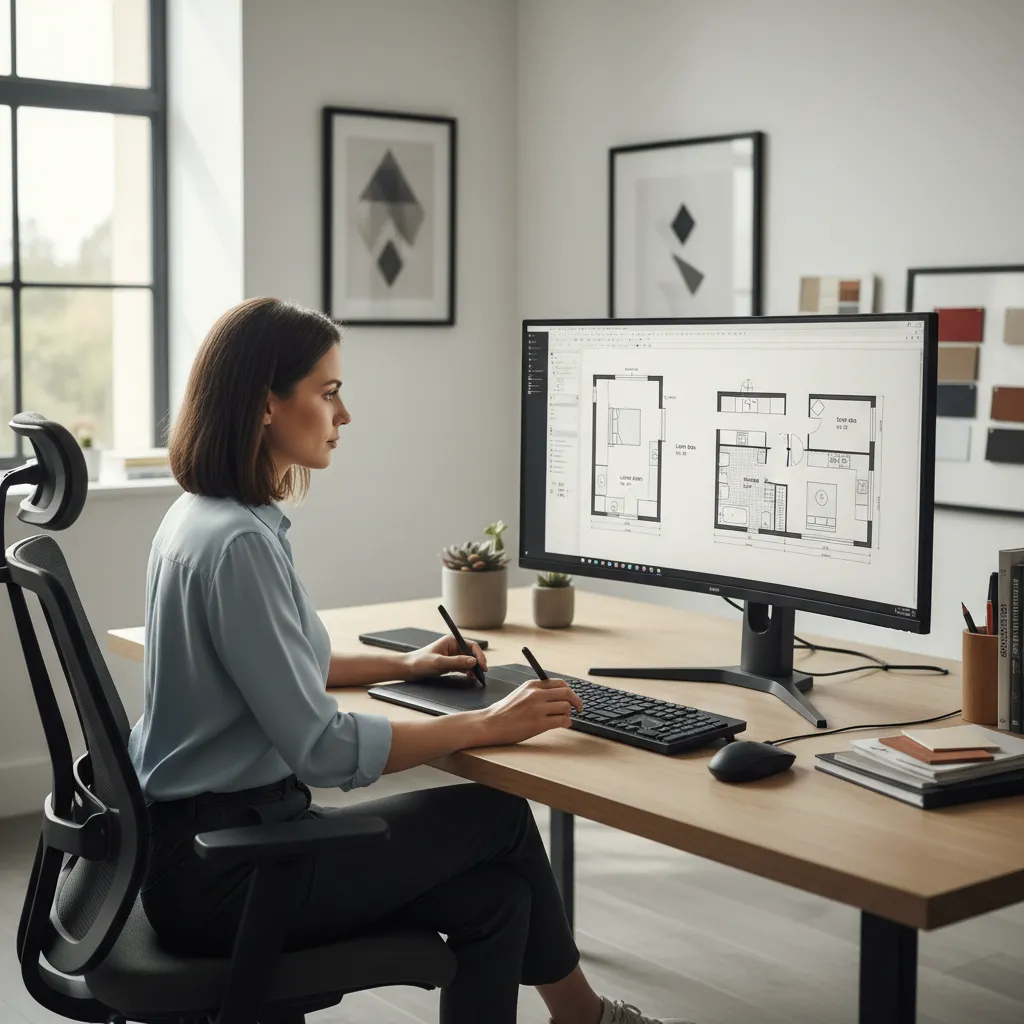 Diseñador trabajando en un plano digital de distribución de interiores