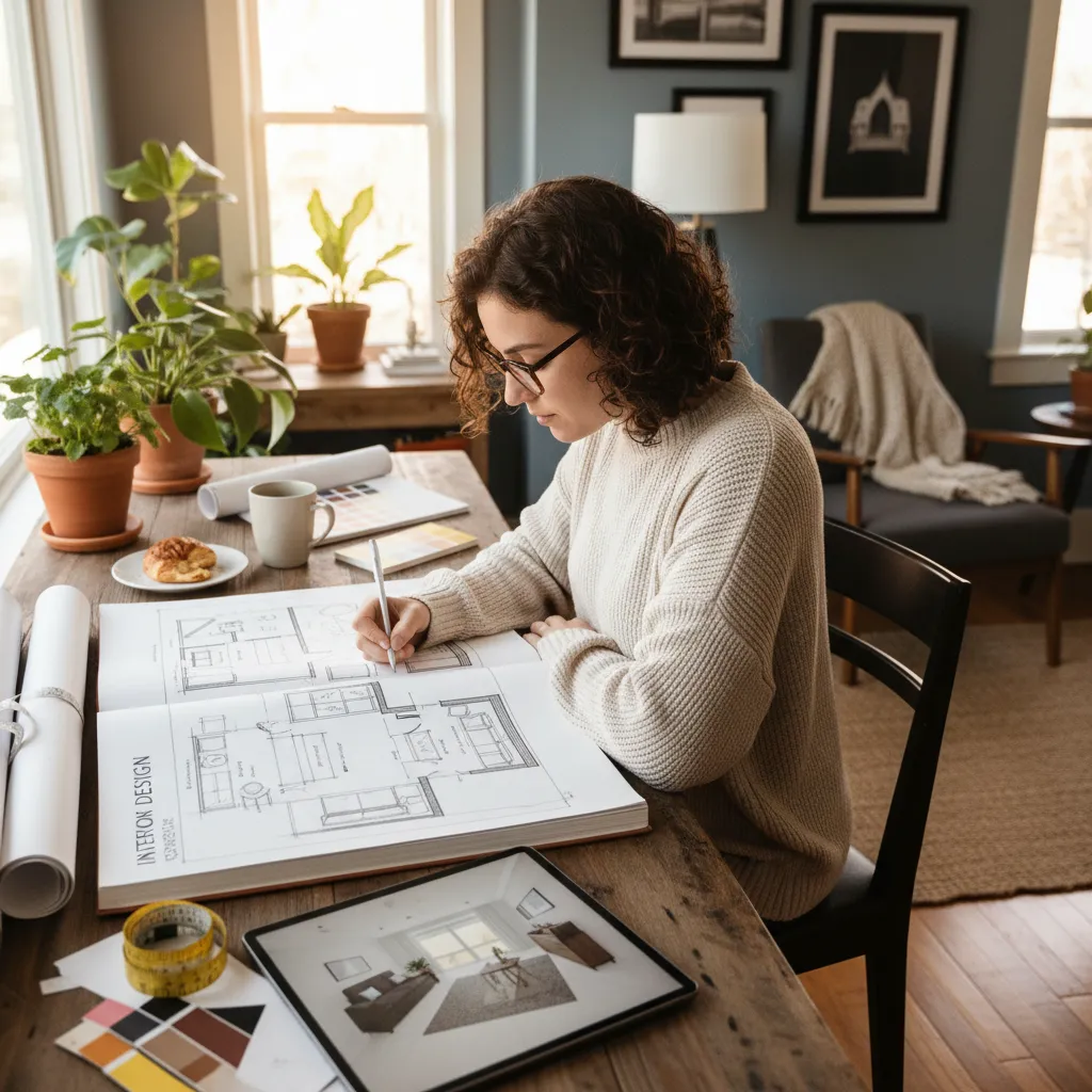 Persona analizando la distribución de un salón con libro de diseño