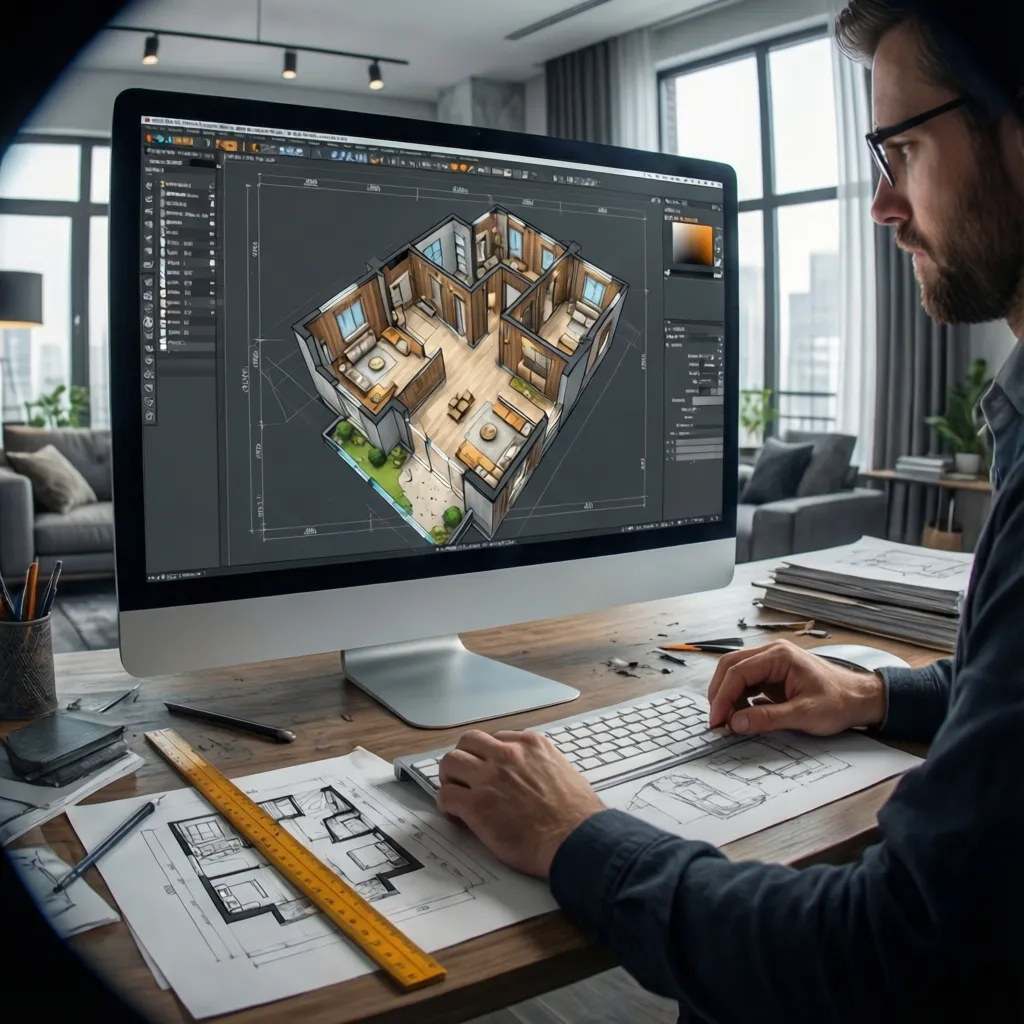 Man designing 3D interior design drawing on computer screen with paper floor plans on desk