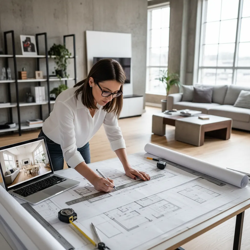 Diseñador trabajando en distribución de un plano de vivienda