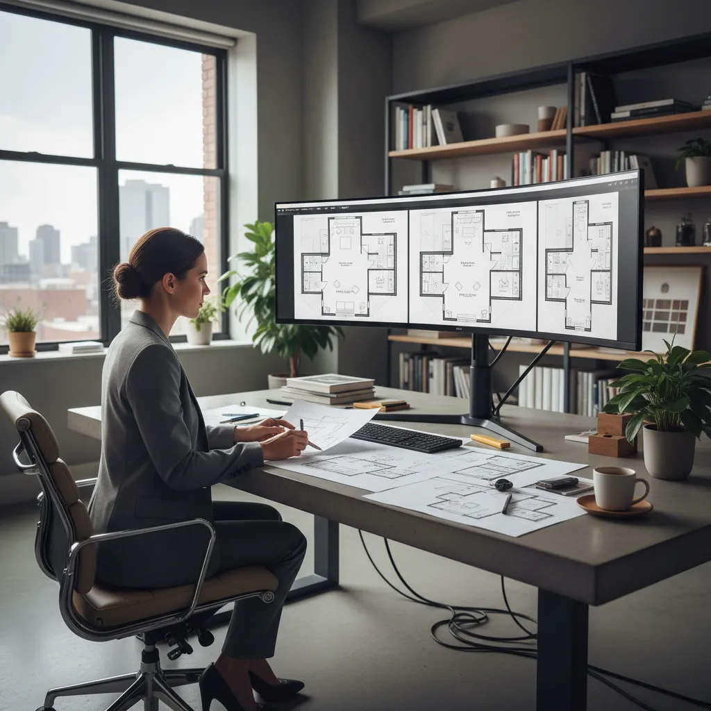 Diseñador revisando diferentes distribuciones de un apartamento en pantalla