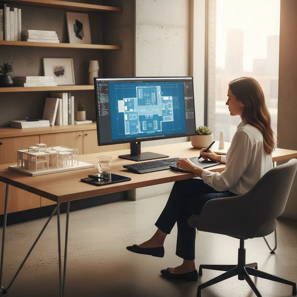 Woman at desk using computer monitor to create a blue room layout and building model