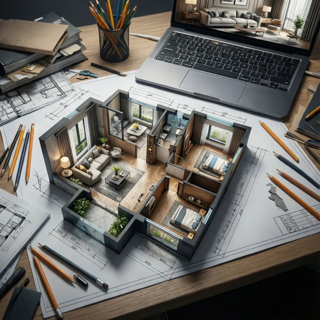 Plano de distribución de vivienda junto a portátil con render 3D