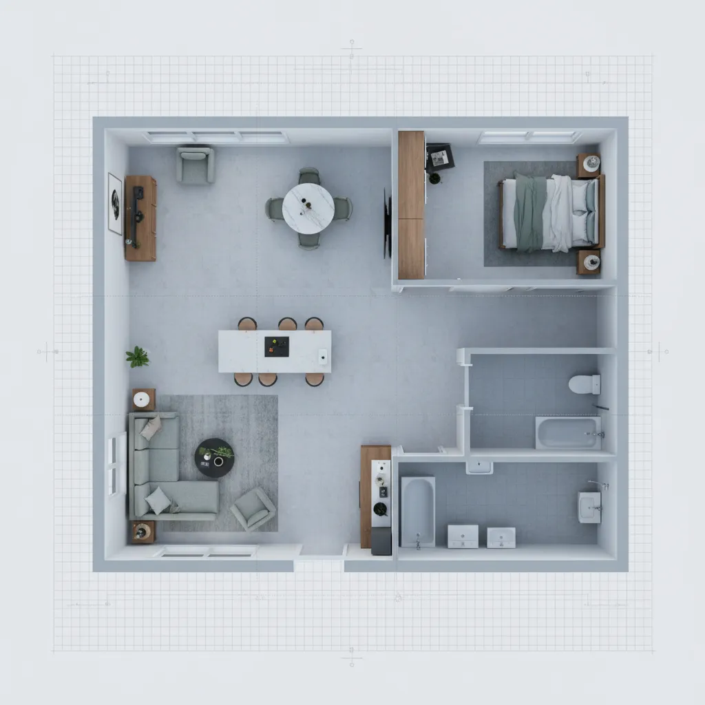 Detailed room layout showing a living area dining space kitchen bedroom and two separate bathrooms