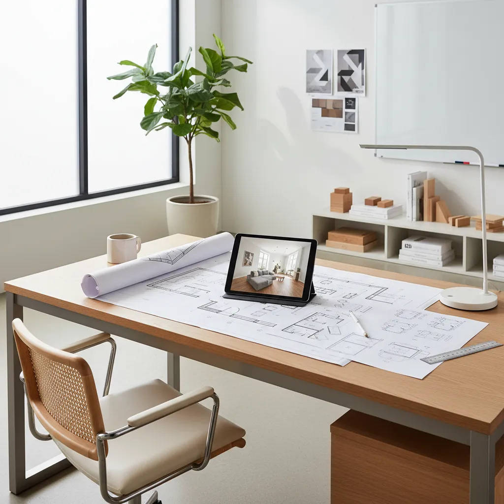 Diseñador revisando planos de distribución interior