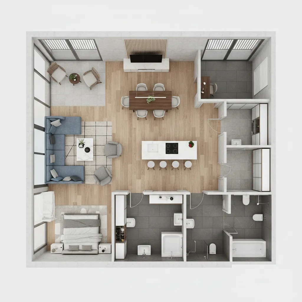 Plano digital de una casa con distribución de muebles