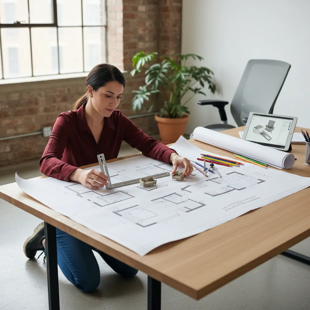 Woman using a ruler to measure a house floor plan on a large wooden office desk