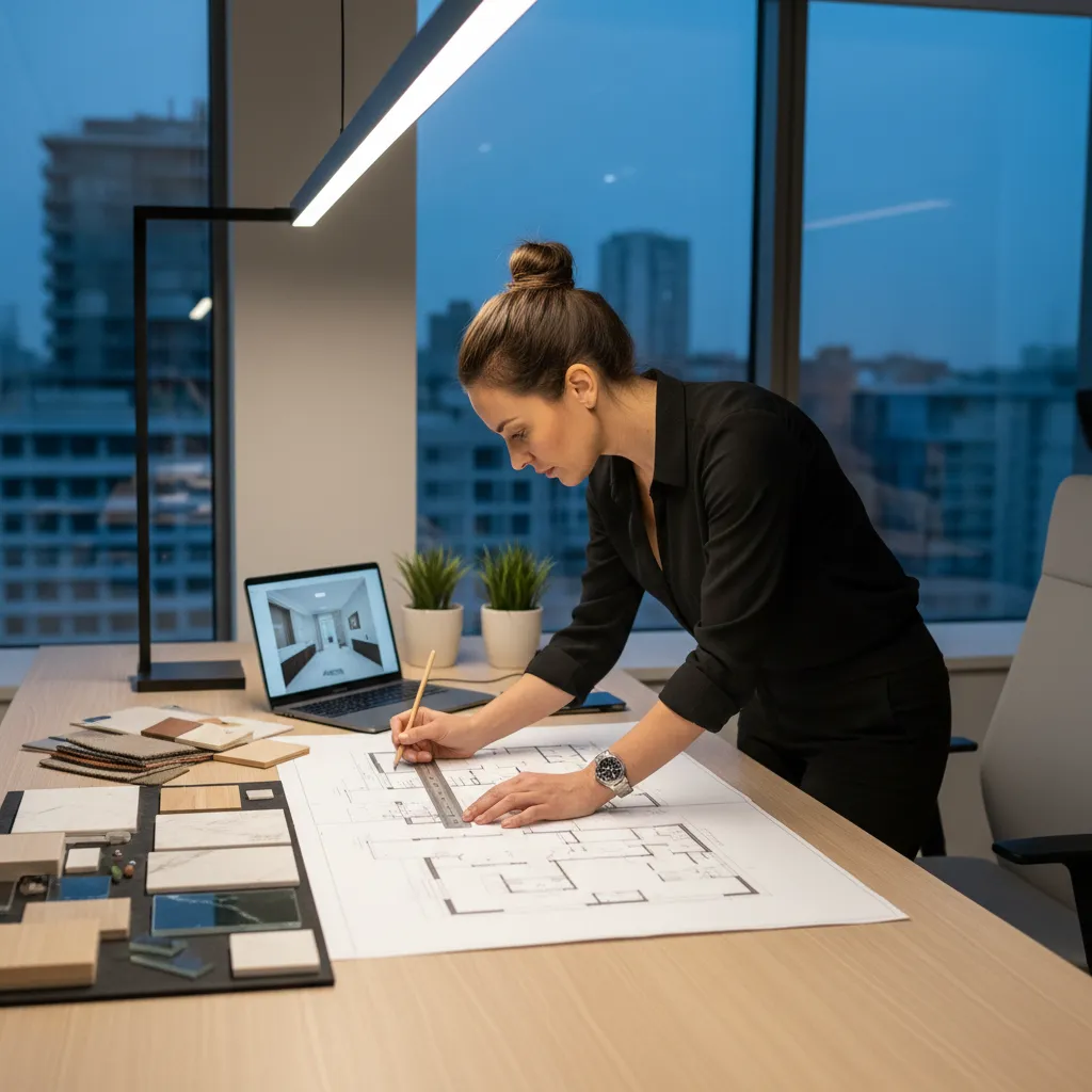diseñador revisando plano de distribución de interiores