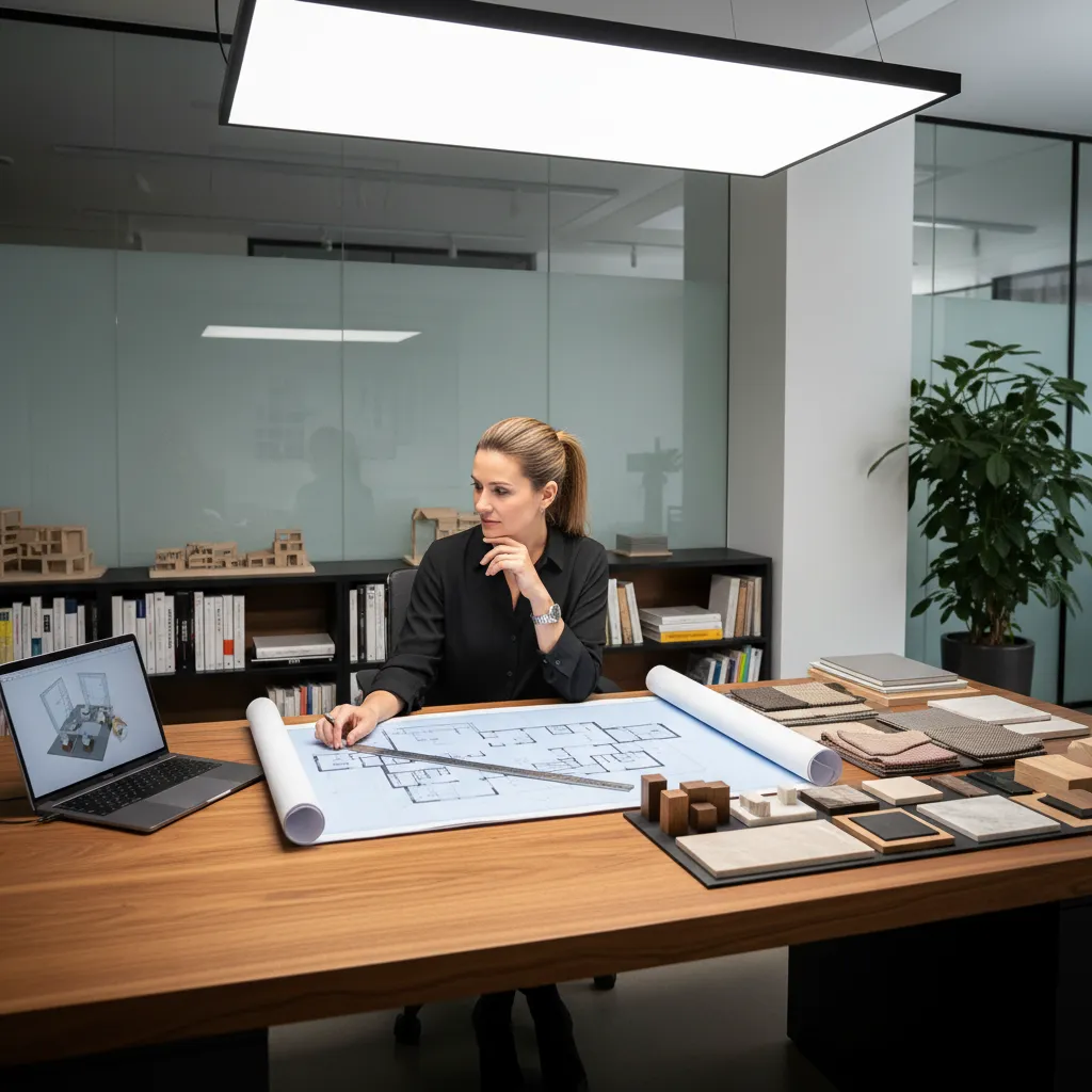 Diseñador revisando planos de distribución de un apartamento en una mesa de trabajo