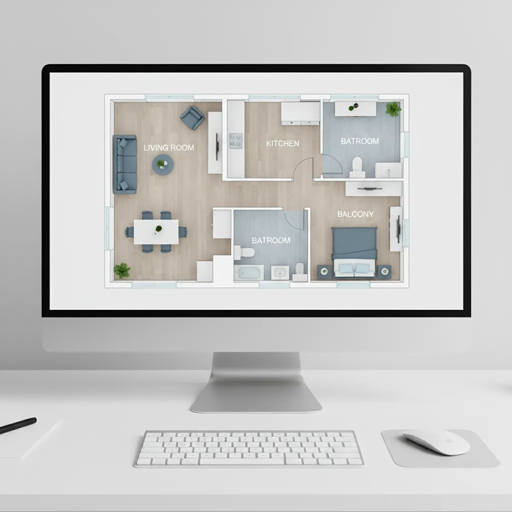 Plano digital de distribución de habitaciones en software de diseño interior