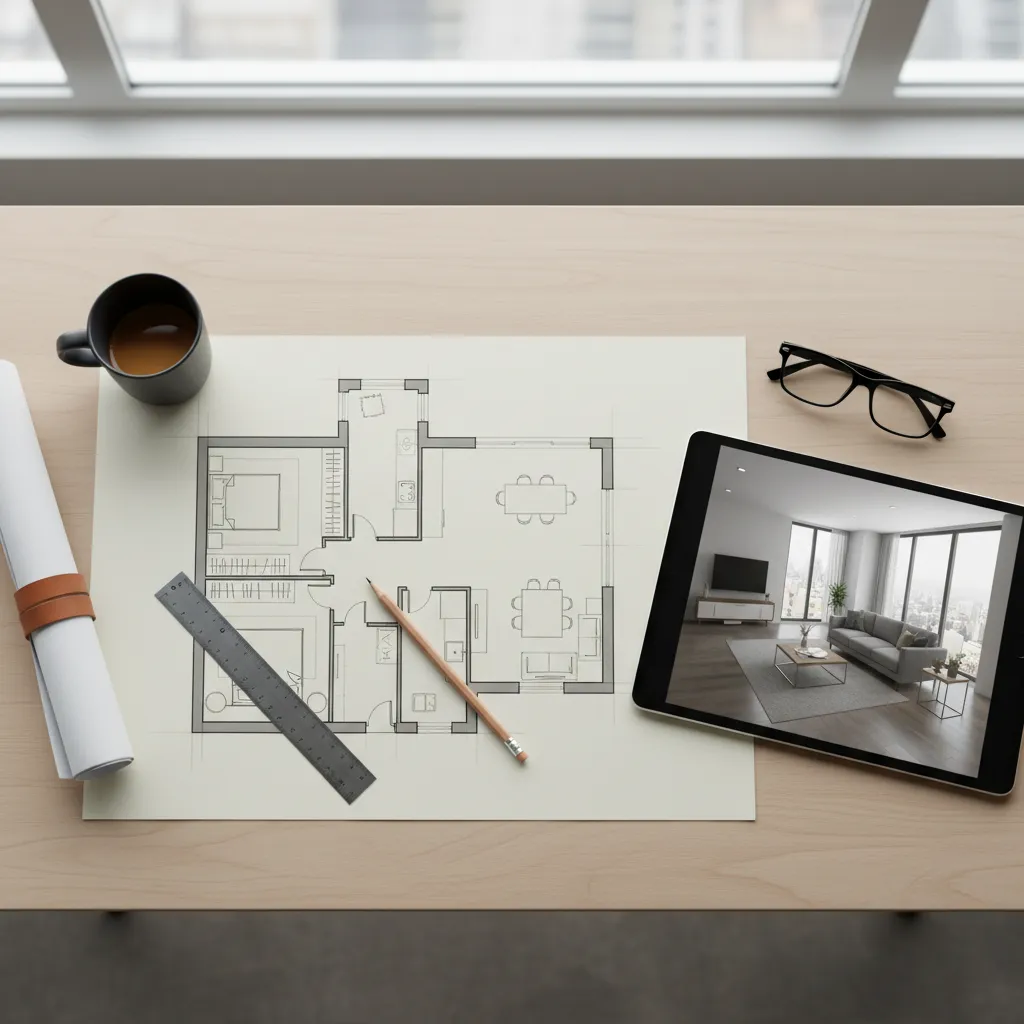 Plano de distribución interior sobre mesa de trabajo
