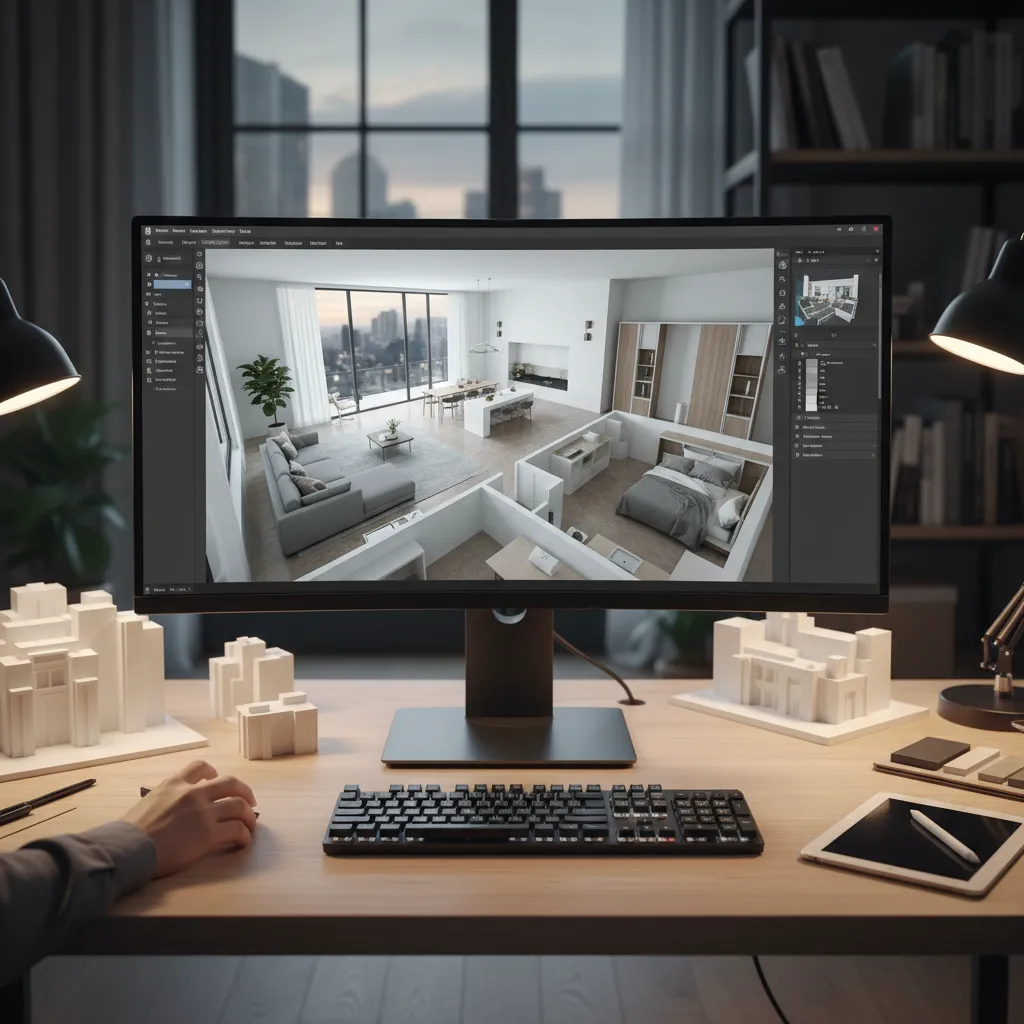 Pantalla con planificación de distribución de una vivienda en 3D