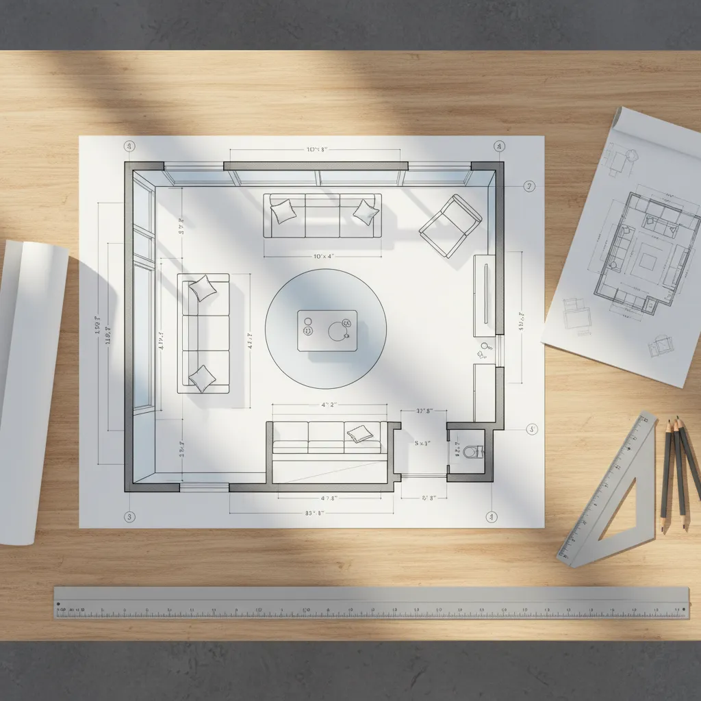 Plano de distribución de salón con muebles y medidas