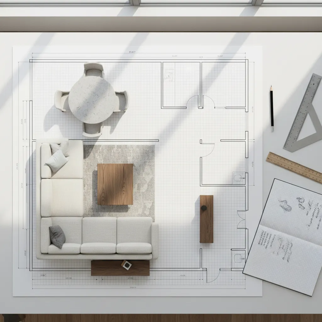 Plano de distribución de salón con muebles organizados
