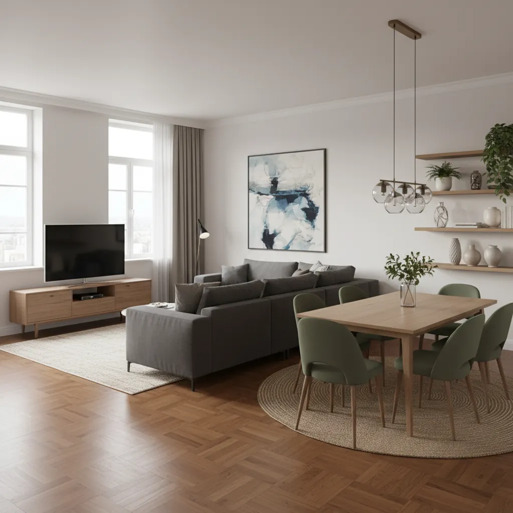 Simulación 3D mostrando espacio de circulación entre muebles