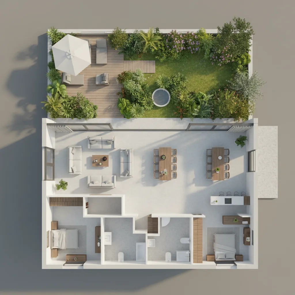 Visualización 3D de una vivienda con jardín y terraza conectados