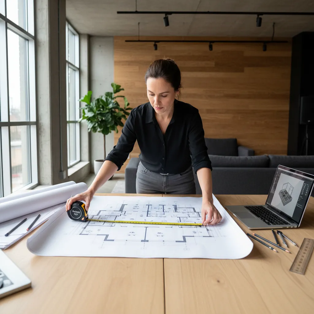 Woman uses a tape measure on a printed room layout on a large wooden office table
