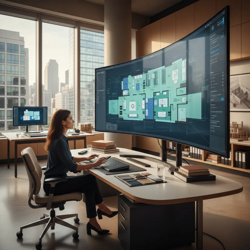 Diseñador revisando plano de distribución interior en pantalla grande
