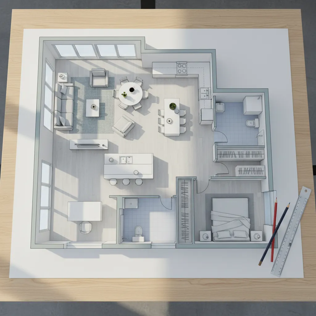 Interior design drawing showing a house floor plan layout with kitchen, living room, and bedroom