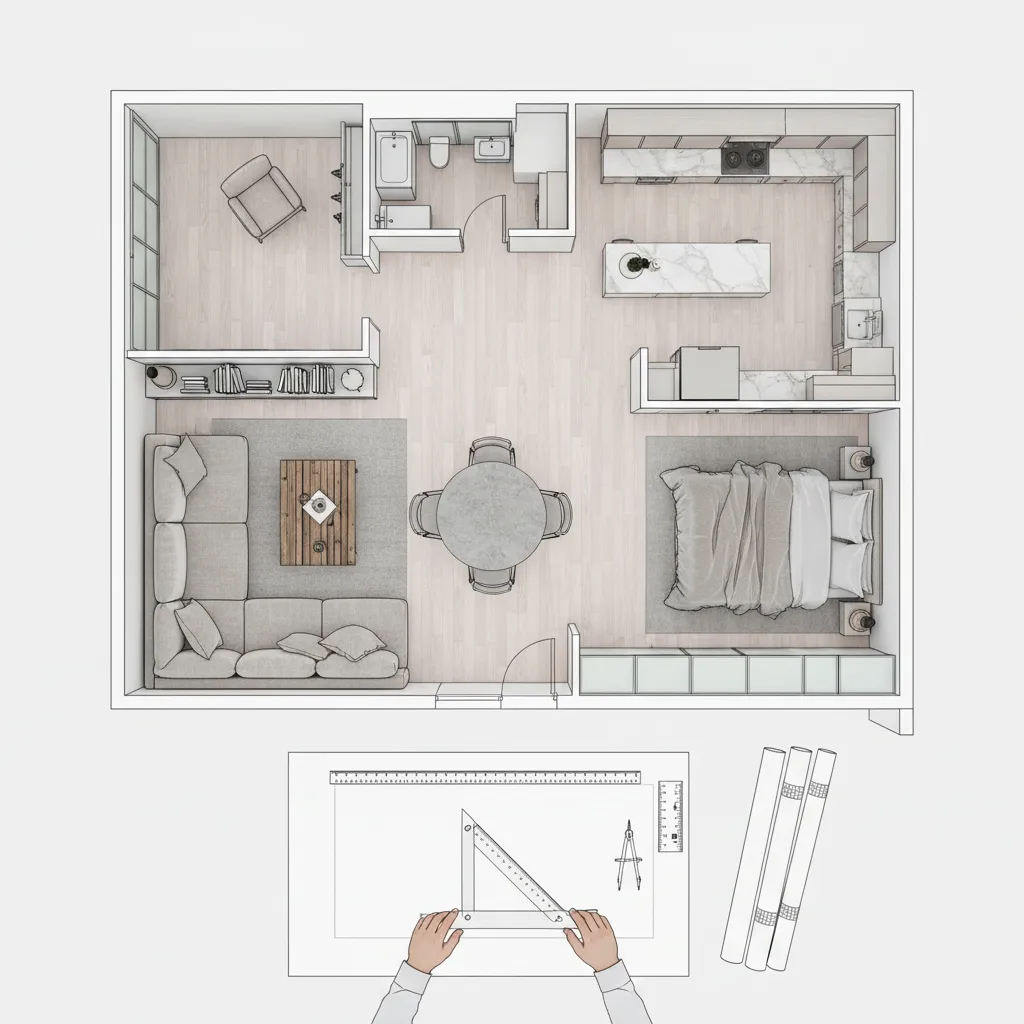 Interior design drawing showing apartment layout with sofa coffee table bedroom kitchen and working hands