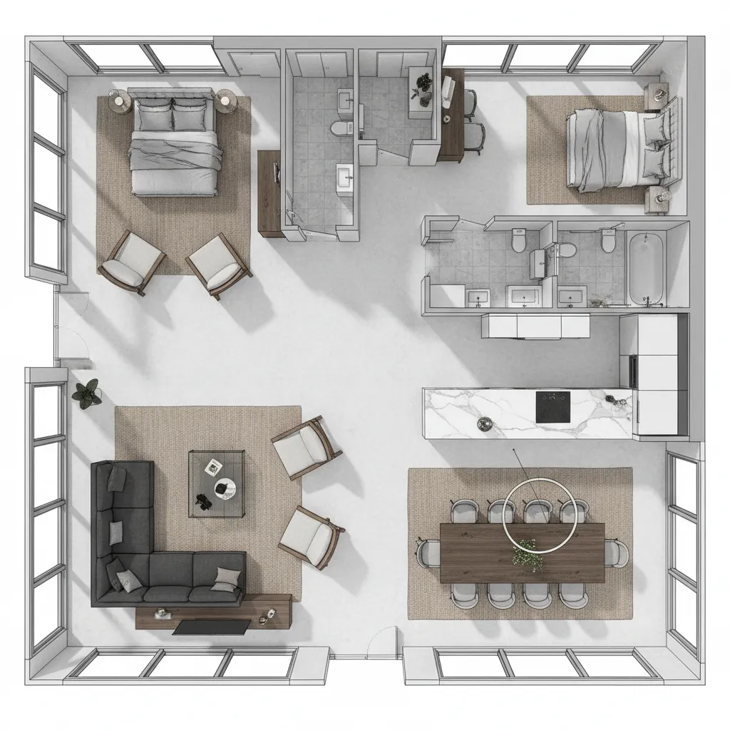 Plano de distribución de un apartamento con mobiliario