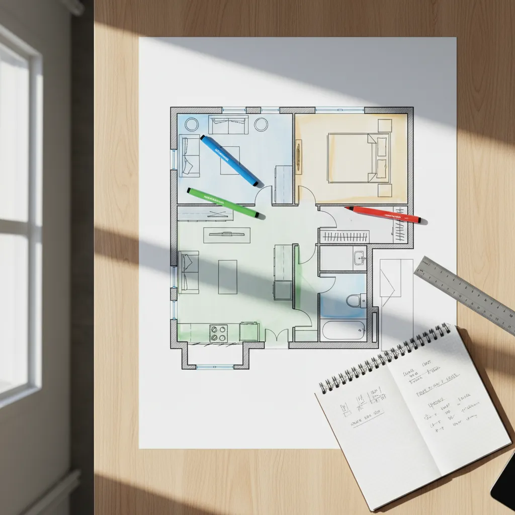 A hand colored house floor plan layout with markers ruler and notebook on a table