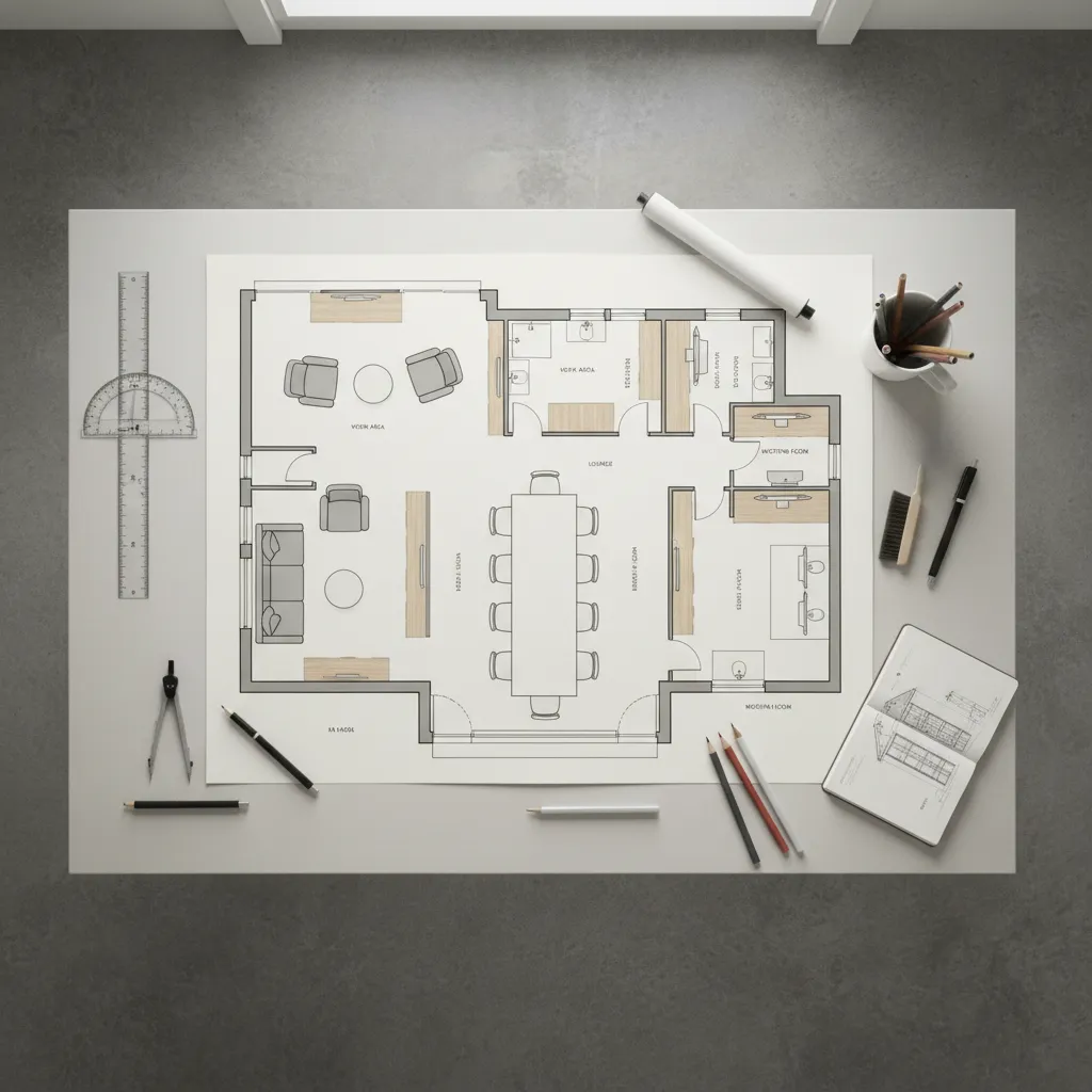 Plano de distribución de una vivienda con muebles y zonas marcadas