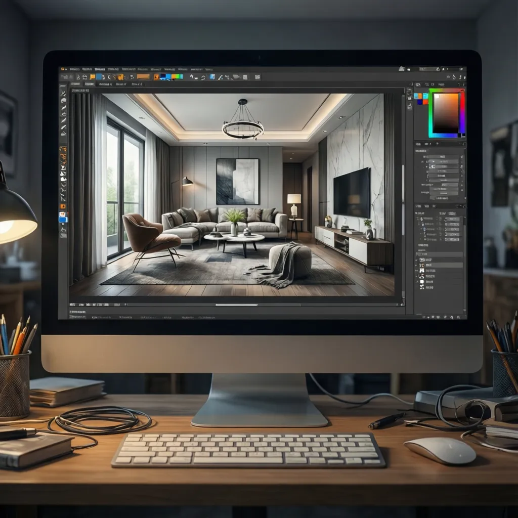 Planificación de distribución de muebles en un plano digital de interior
