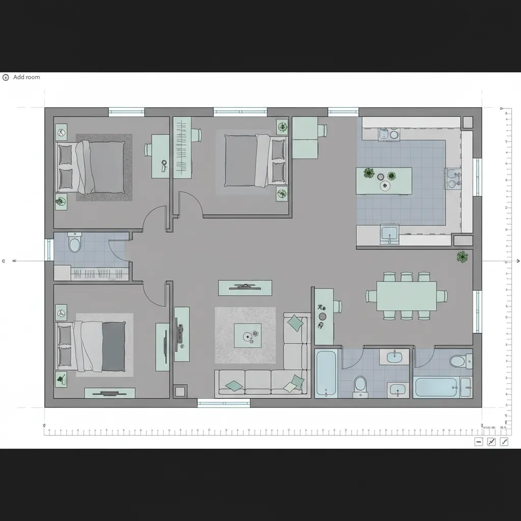 Detailed 2D room layout showing three bedrooms kitchen island dining table living room and bathrooms