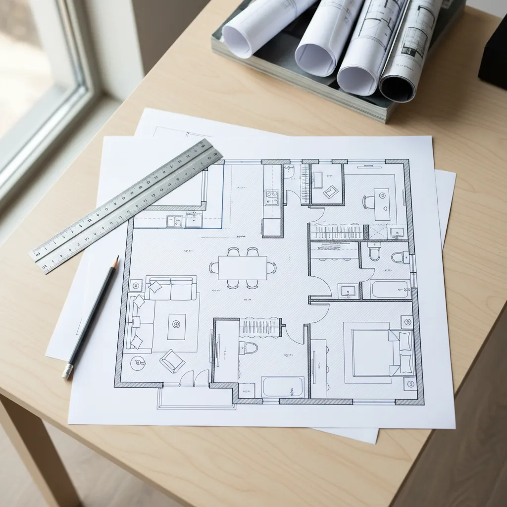 Plano de distribución de una vivienda con medidas y muebles
