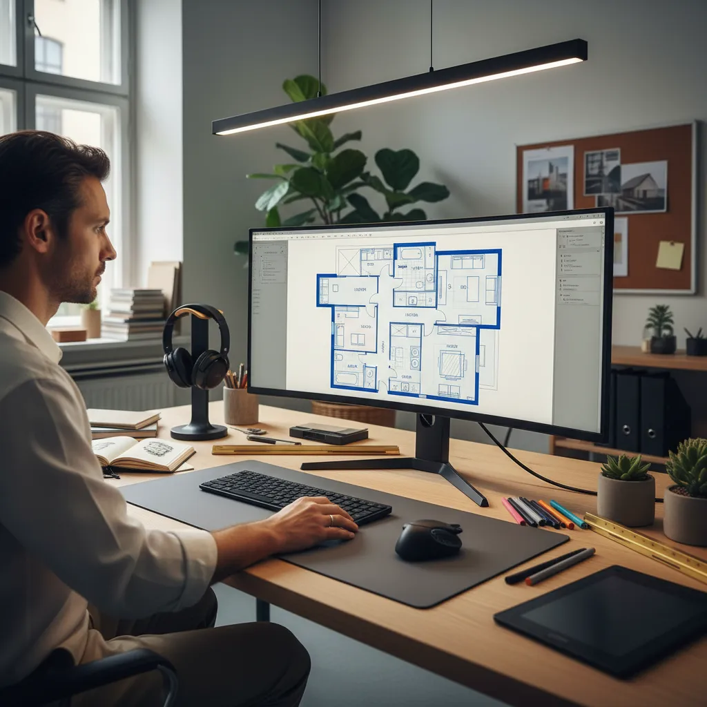 Diseñador creando distribución de un apartamento en plano digital