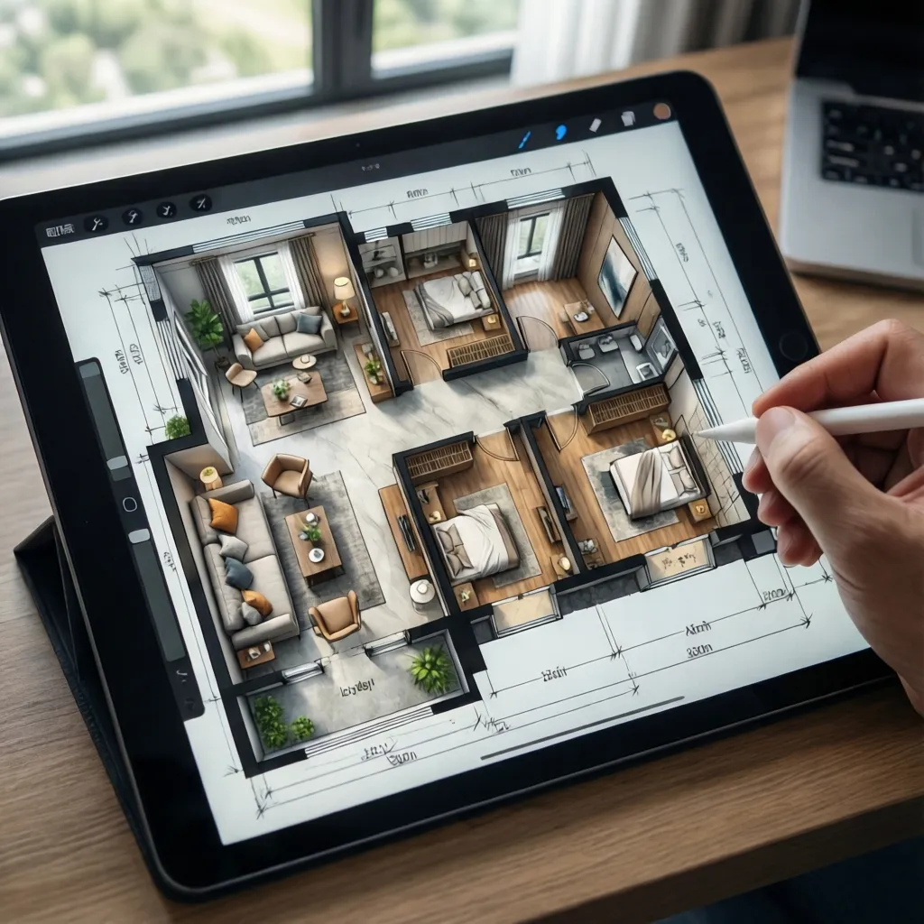 Digital tablet showing detailed interior design drawing of multi room floor plan layout with furniture