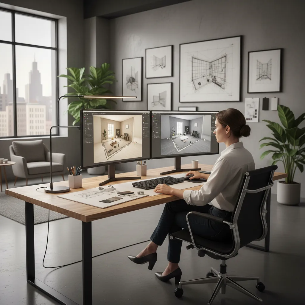 Diseñador planificando la distribución de un salón con software de diseño