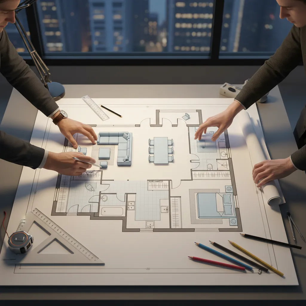 Two designers working on a detailed apartment floor plan layout with pencils and measuring tools