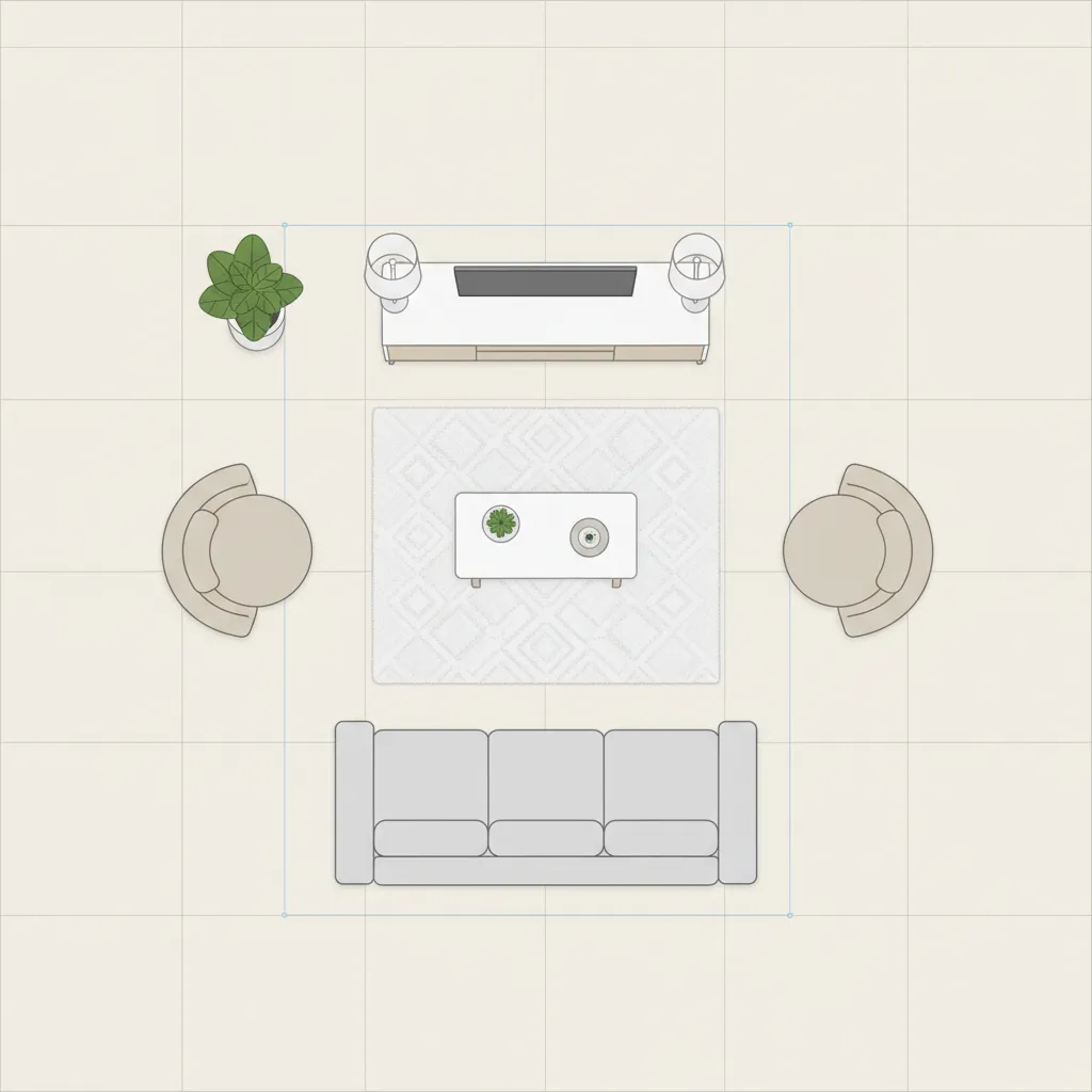 Plano digital de salón mostrando distribución de muebles