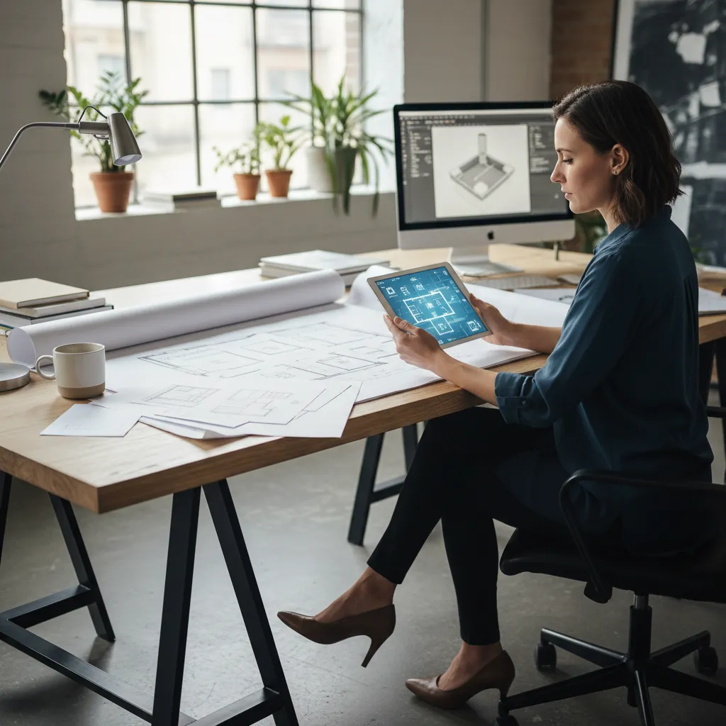 Diseñador revisando plano digital de distribución de muebles