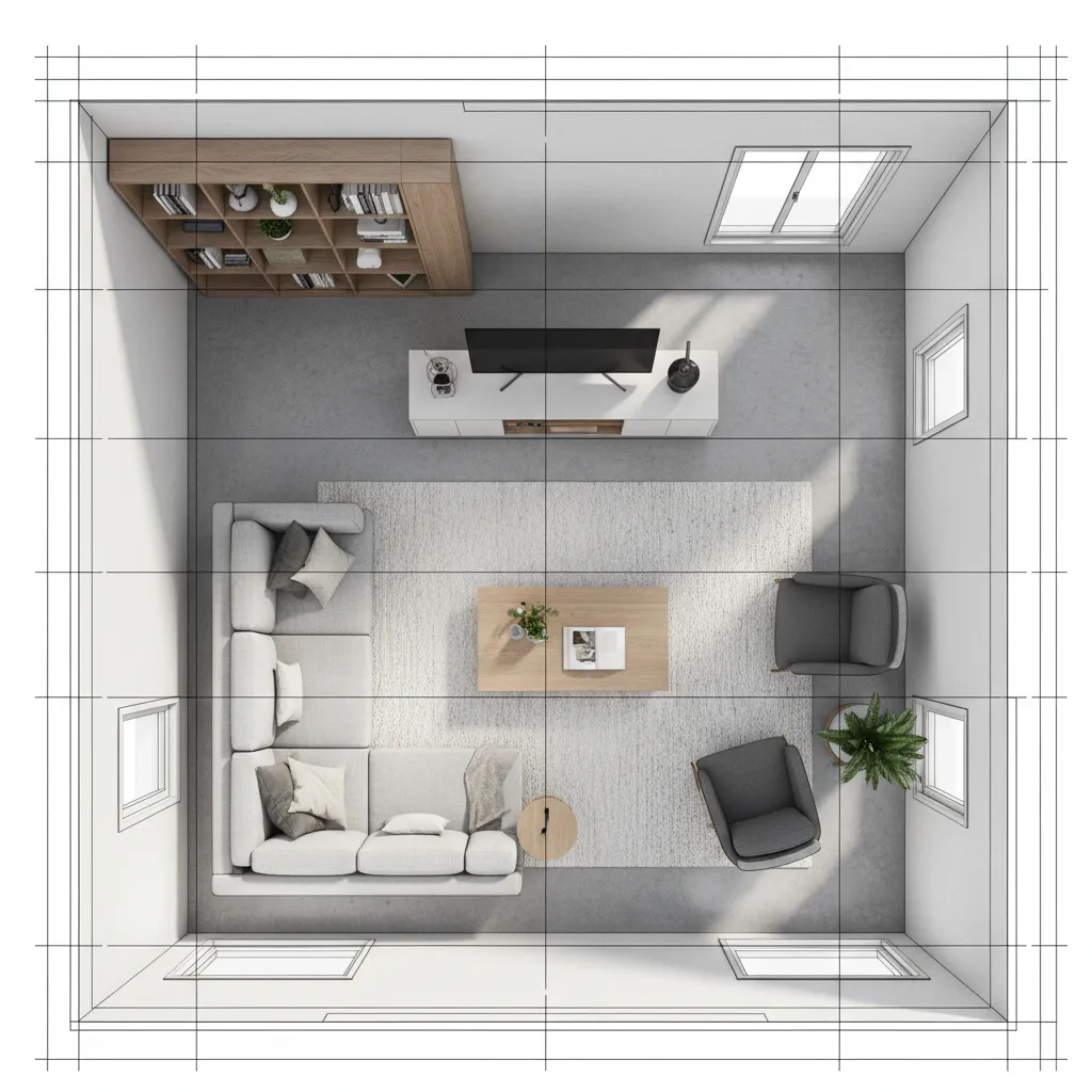 Top-down interior design drawing of a living room showing sofa, rug, and white television stand