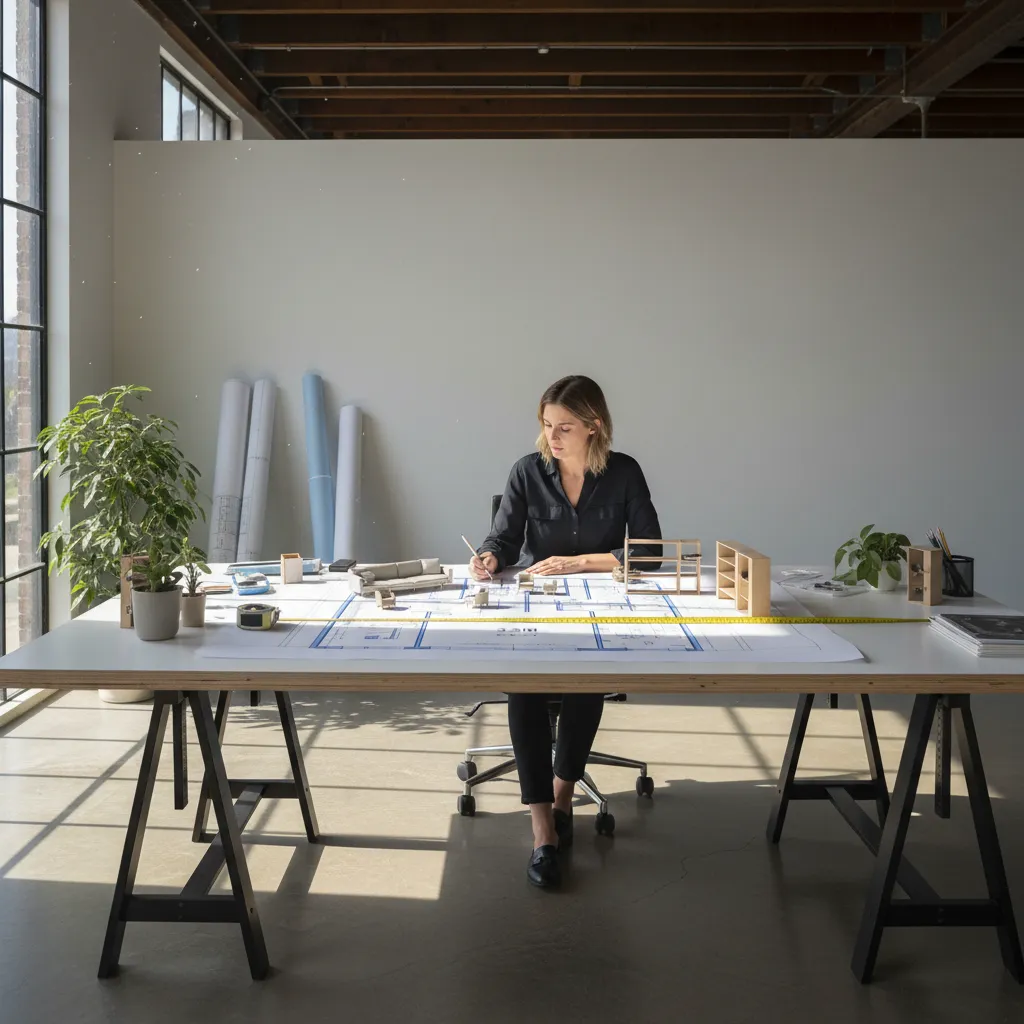 Woman designer sitting at desk working on floor plan with several small wood house models