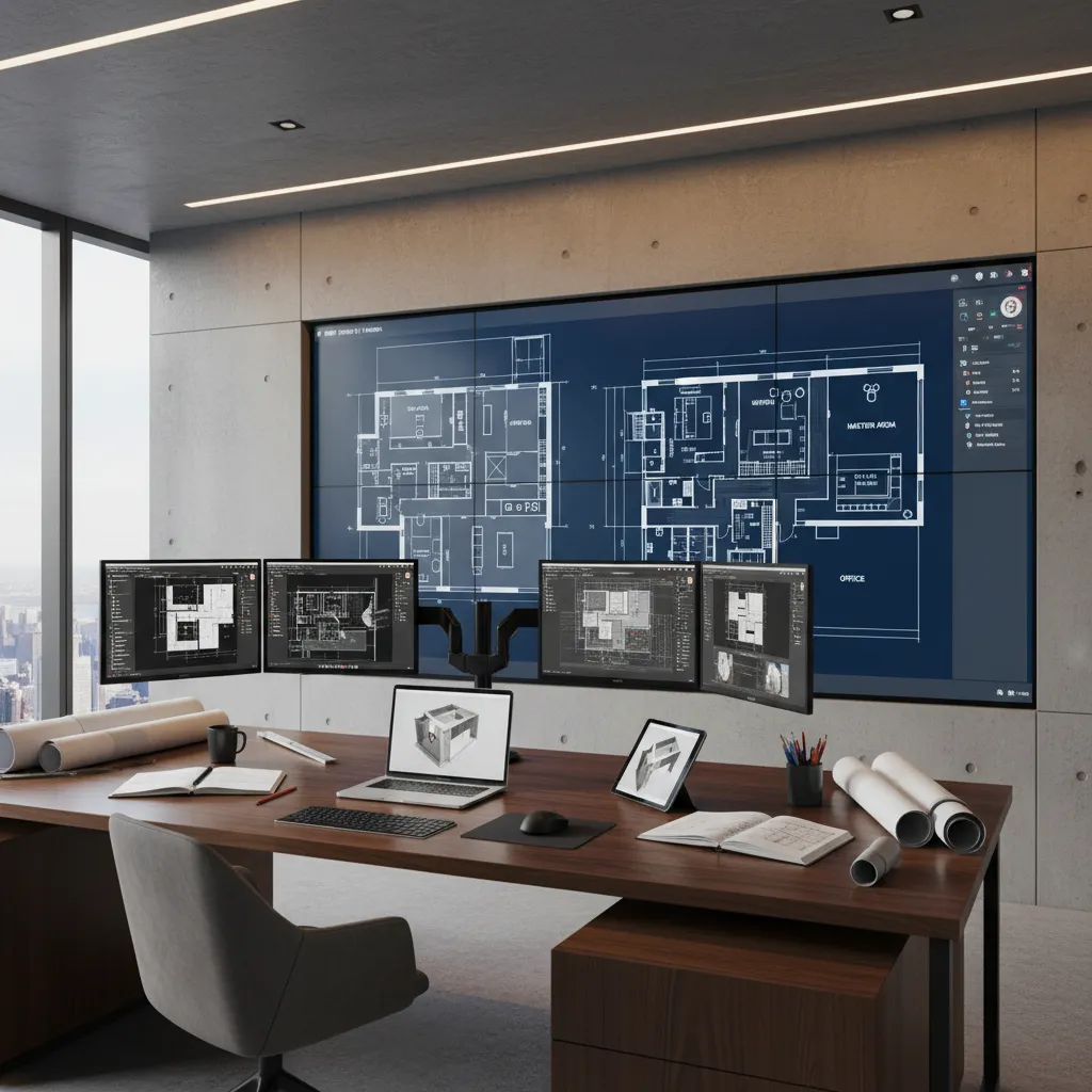 Modern workspace with large floor plan screen multiple monitors laptop tablet notebooks and rolled papers