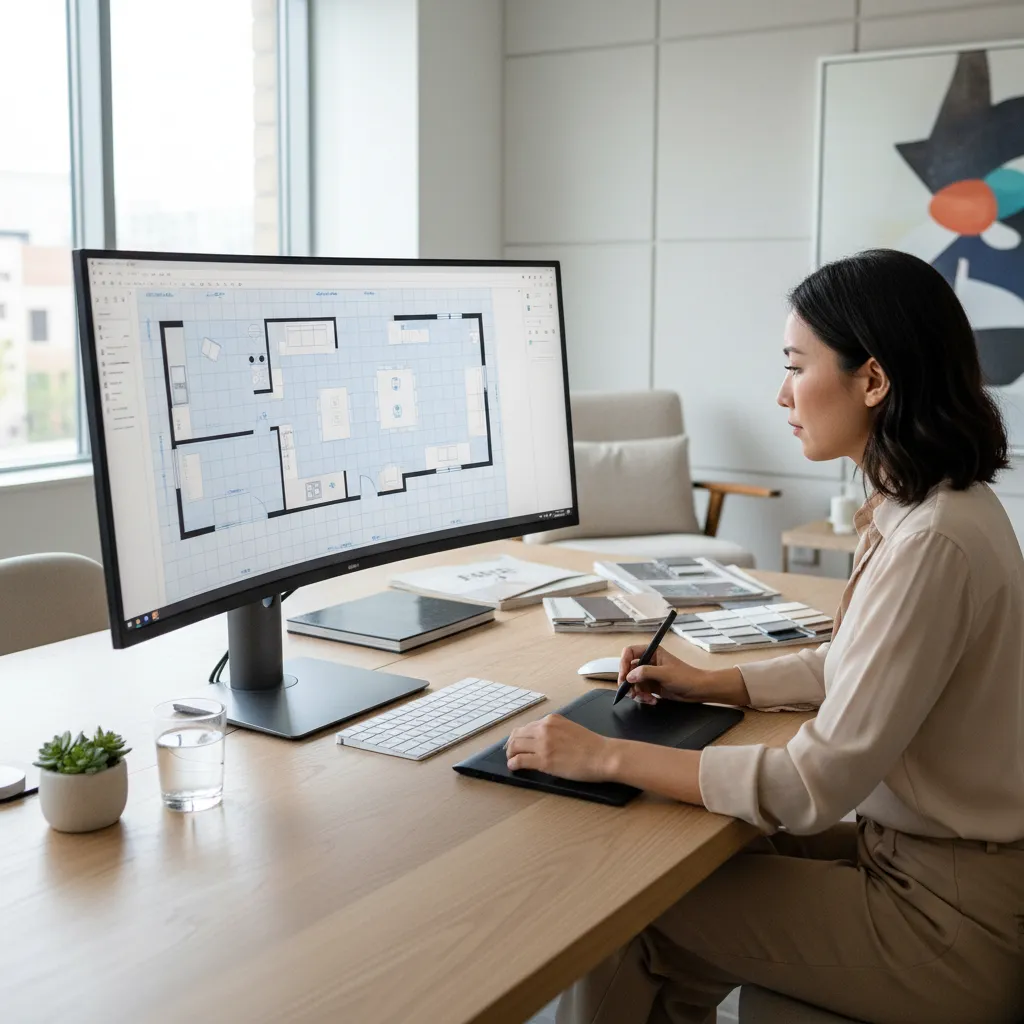 Diseñador creando la distribución de una habitación en un plano digital
