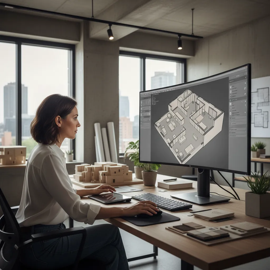 Diseñador planificando distribución de una vivienda en software 3D